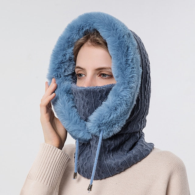 Gestrickte Balaklava-Haube mit Kunstpelz-Futter und Gesichtsschutz