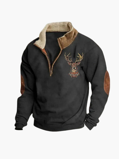 Herren Fleece-Halbreißverschluss Pullover mit Hirschmotiv – Bequemer Outdoor & Freizeit Look