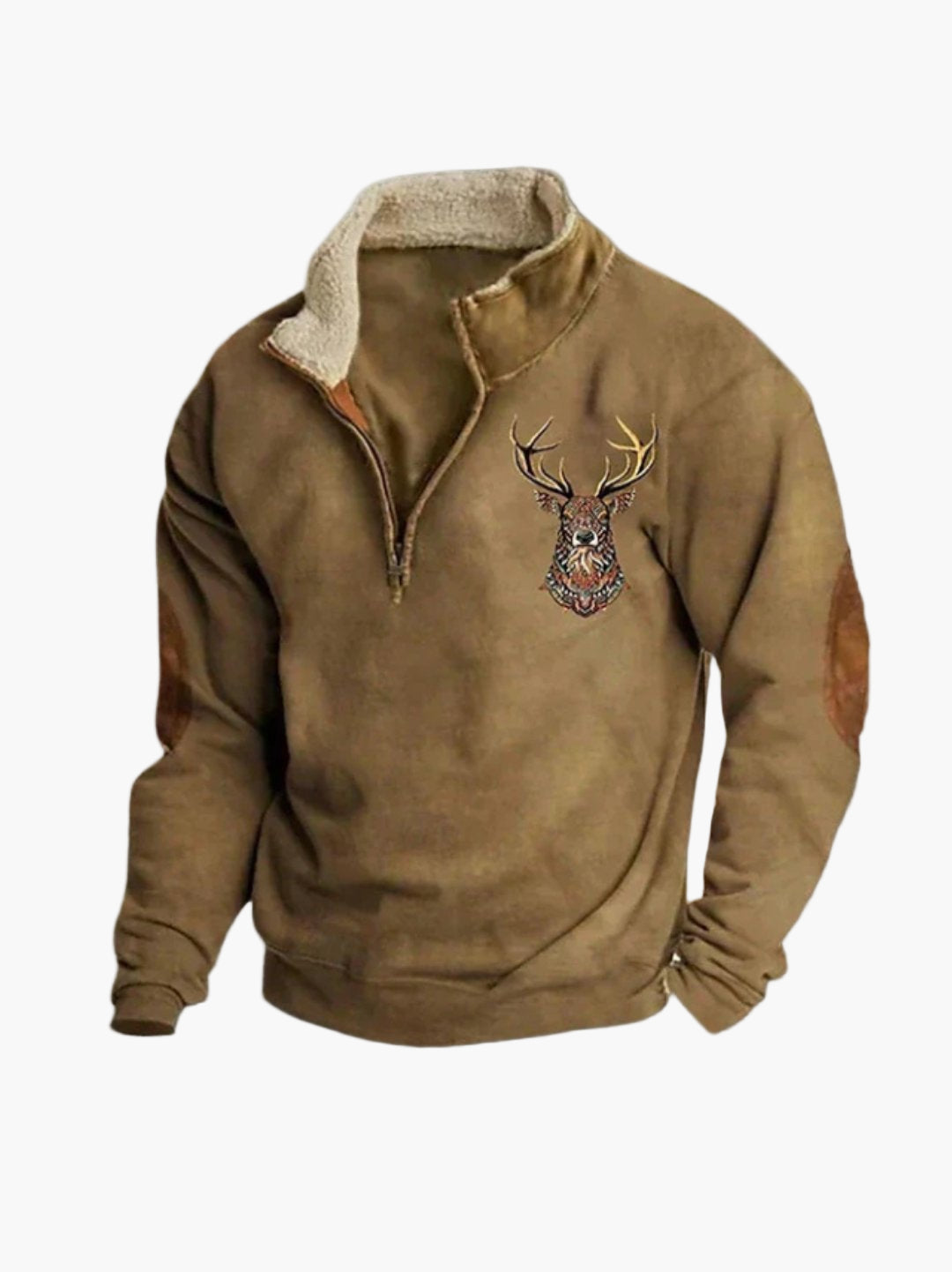 Herren Fleece-Halbreißverschluss Pullover mit Hirschmotiv – Bequemer Outdoor & Freizeit Look