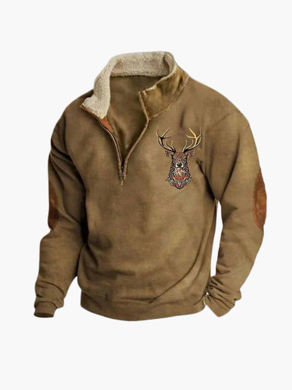 Herren Fleece-Halbreißverschluss Pullover mit Hirschmotiv – Bequemer Outdoor & Freizeit Look