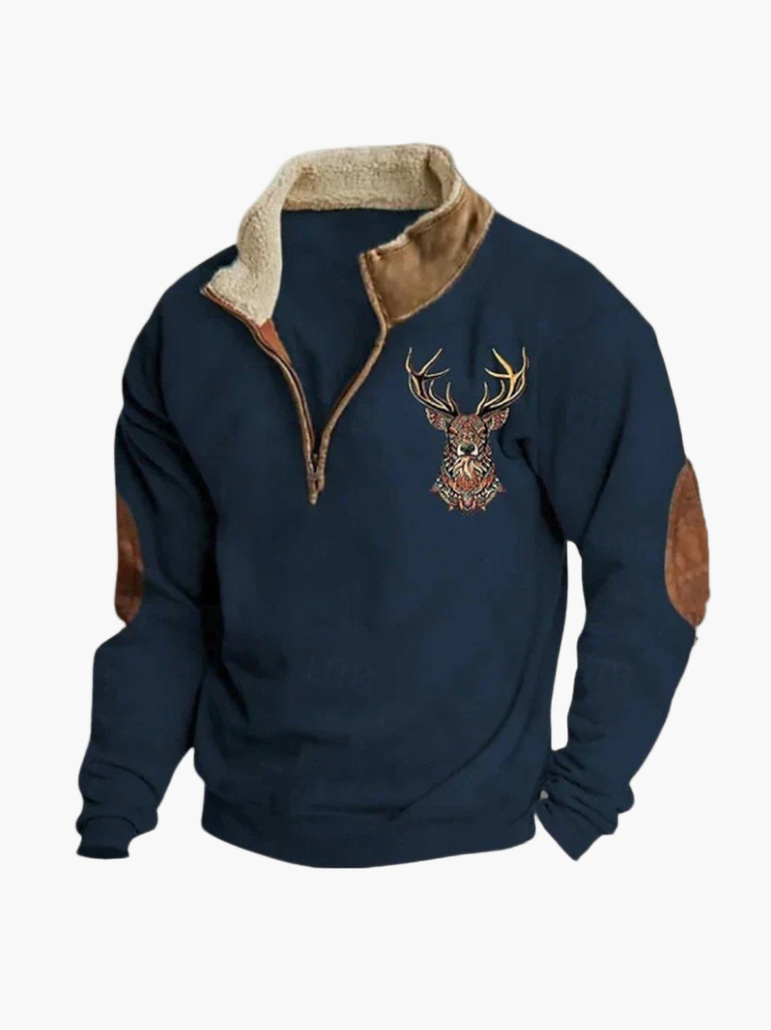 Herren Fleece-Halbreißverschluss Pullover mit Hirschmotiv – Bequemer Outdoor & Freizeit Look