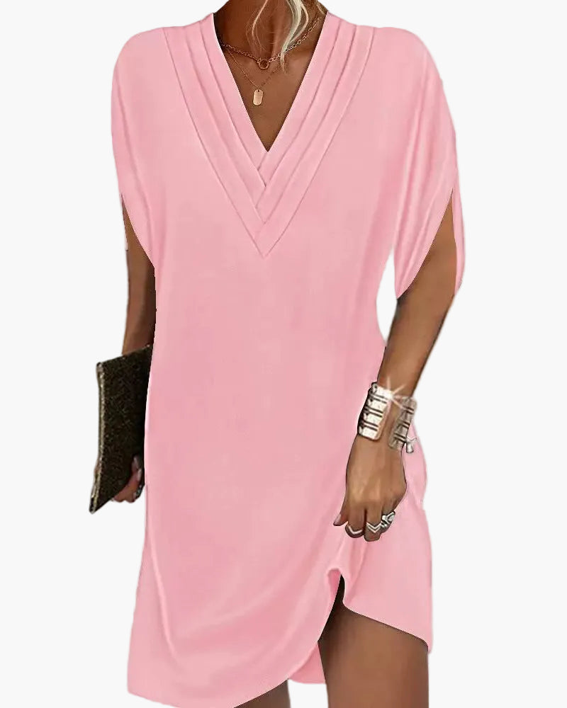 Damen Kleid Elegant V-Ausschnitt Kurzarm Sommer Freizeitkleid mit Schlitz