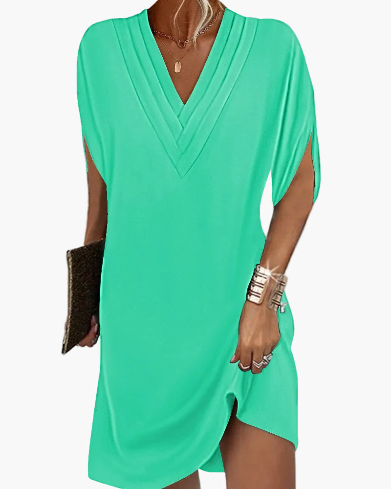 Damen Kleid Elegant V-Ausschnitt Kurzarm Sommer Freizeitkleid mit Schlitz
