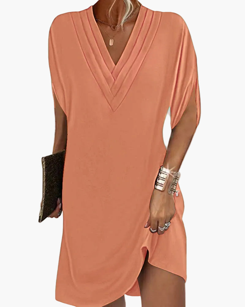 Damen Kleid Elegant V-Ausschnitt Kurzarm Sommer Freizeitkleid mit Schlitz