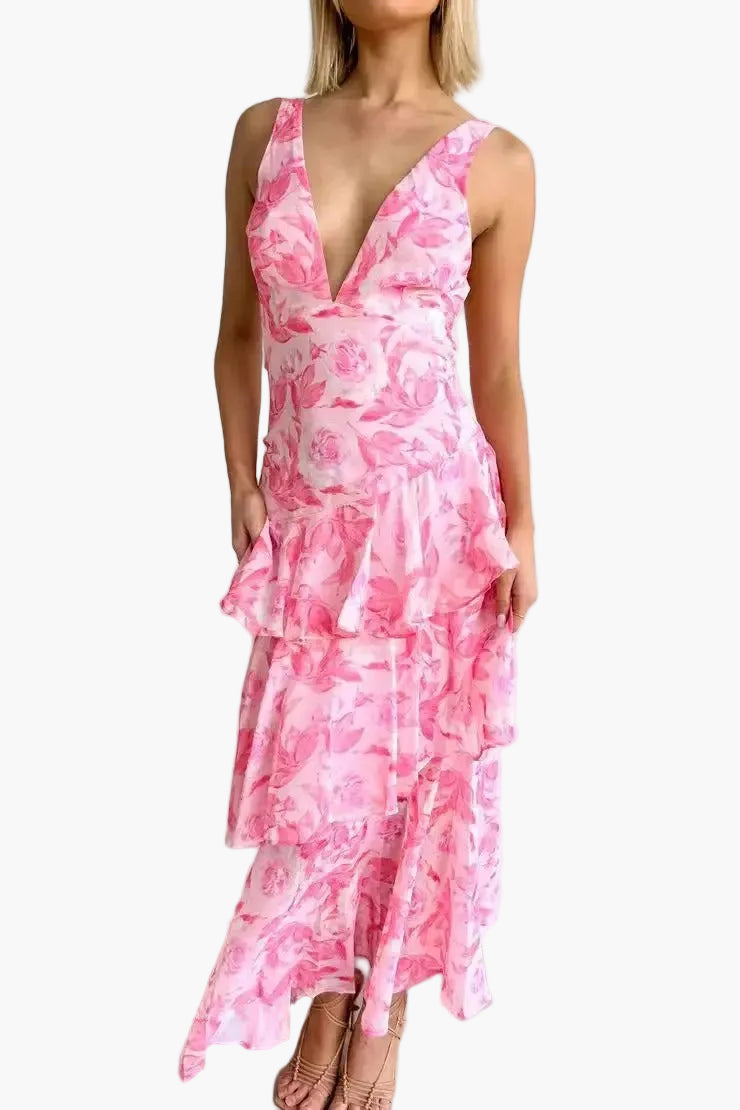 Damen Maxi Abendkleid Elegant Plissee Rüschen Sommerfest