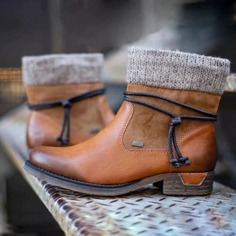 Damen Winterstiefelette mit Strickbund und dekorativer Schnürung Braun