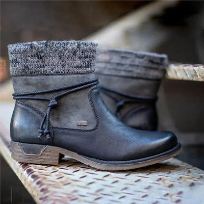 Damen Winterstiefelette mit Strickbund und dekorativer Schnürung Braun