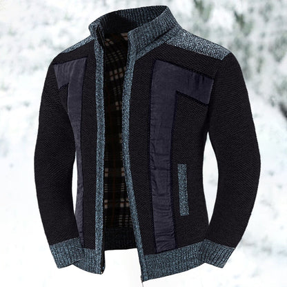 Herren Strickjacke Reißverschluss Stehkragen Patchwork Muster