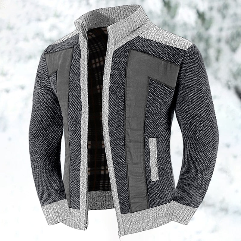 Herren Strickjacke Reißverschluss Stehkragen Patchwork Muster