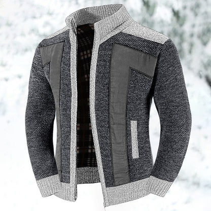 Herren Strickjacke Reißverschluss Stehkragen Patchwork Muster