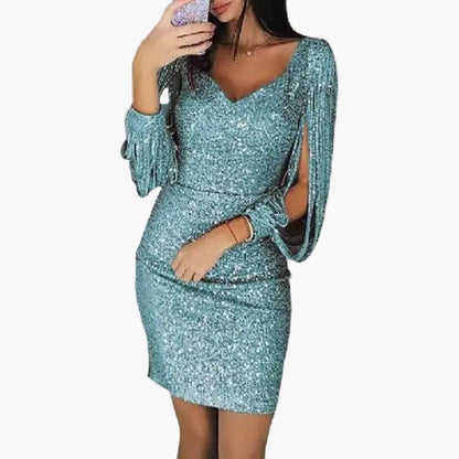 Damen Glitzer Cocktailkleid mit Fransenärmeln – Elegantes Partykleid für besondere Anlässe