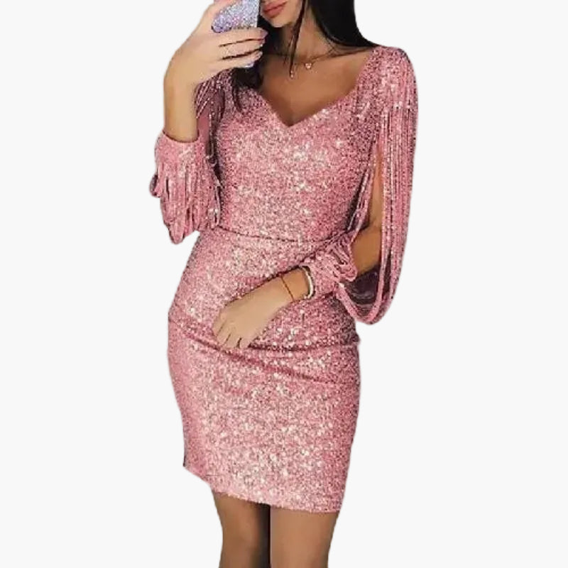 Damen Glitzer Cocktailkleid mit Fransenärmeln – Elegantes Partykleid für besondere Anlässe