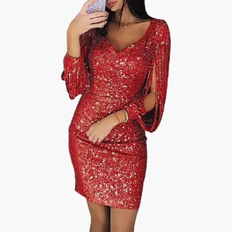 Damen Glitzer Cocktailkleid mit Fransenärmeln – Elegantes Partykleid für besondere Anlässe