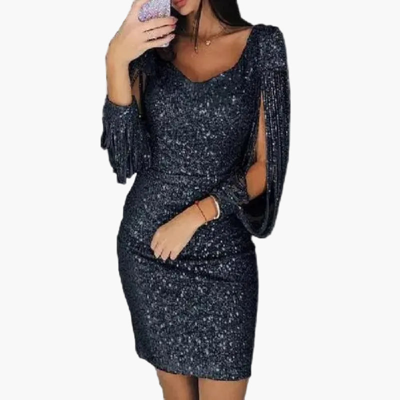 Damen Glitzer Cocktailkleid mit Fransenärmeln – Elegantes Partykleid für besondere Anlässe