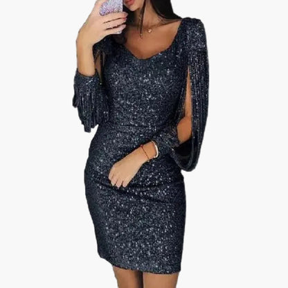 Damen Glitzer Cocktailkleid mit Fransenärmeln – Elegantes Partykleid für besondere Anlässe
