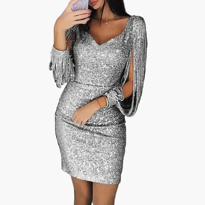Damen Glitzer Cocktailkleid mit Fransenärmeln – Elegantes Partykleid für besondere Anlässe