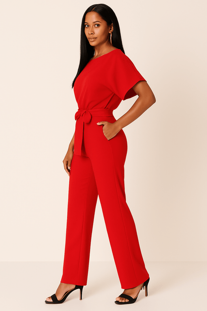 Damen Jumpsuit mit Bindegürtel – Eleganter Einteiler für Alltag und Events