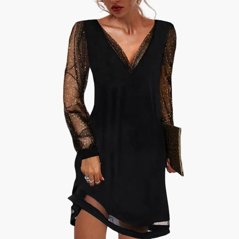 Damen Abendkleid Elegant mit Transparenten Glitzerärmeln – Festliches Cocktailkleid mit V-Ausschnitt für besondere Anlässe