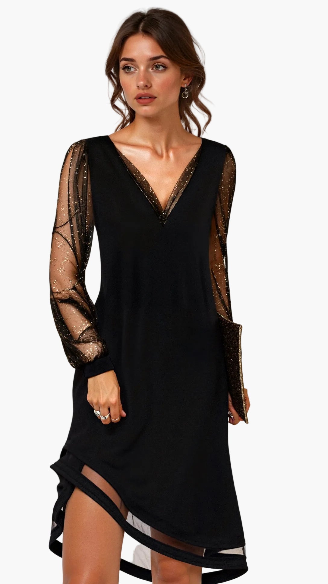 Damen Abendkleid Elegant mit Transparenten Glitzerärmeln – Festliches Cocktailkleid mit V-Ausschnitt für besondere Anlässe