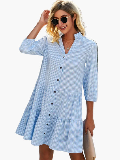 Damen Freizeithemdkleid Kariert Locker Sommer Freizeitkleid