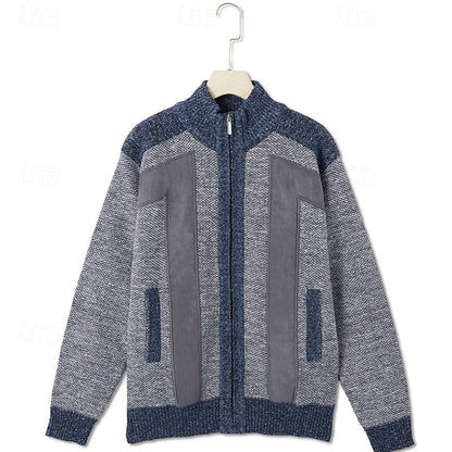 Herren Strickjacke Reißverschluss Stehkragen Patchwork Muster