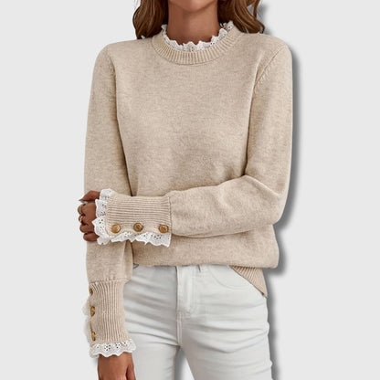 Damen Strickpullover Beige Rundhals mit Rüschenkragen und geknöpften Ärmelbündchen
