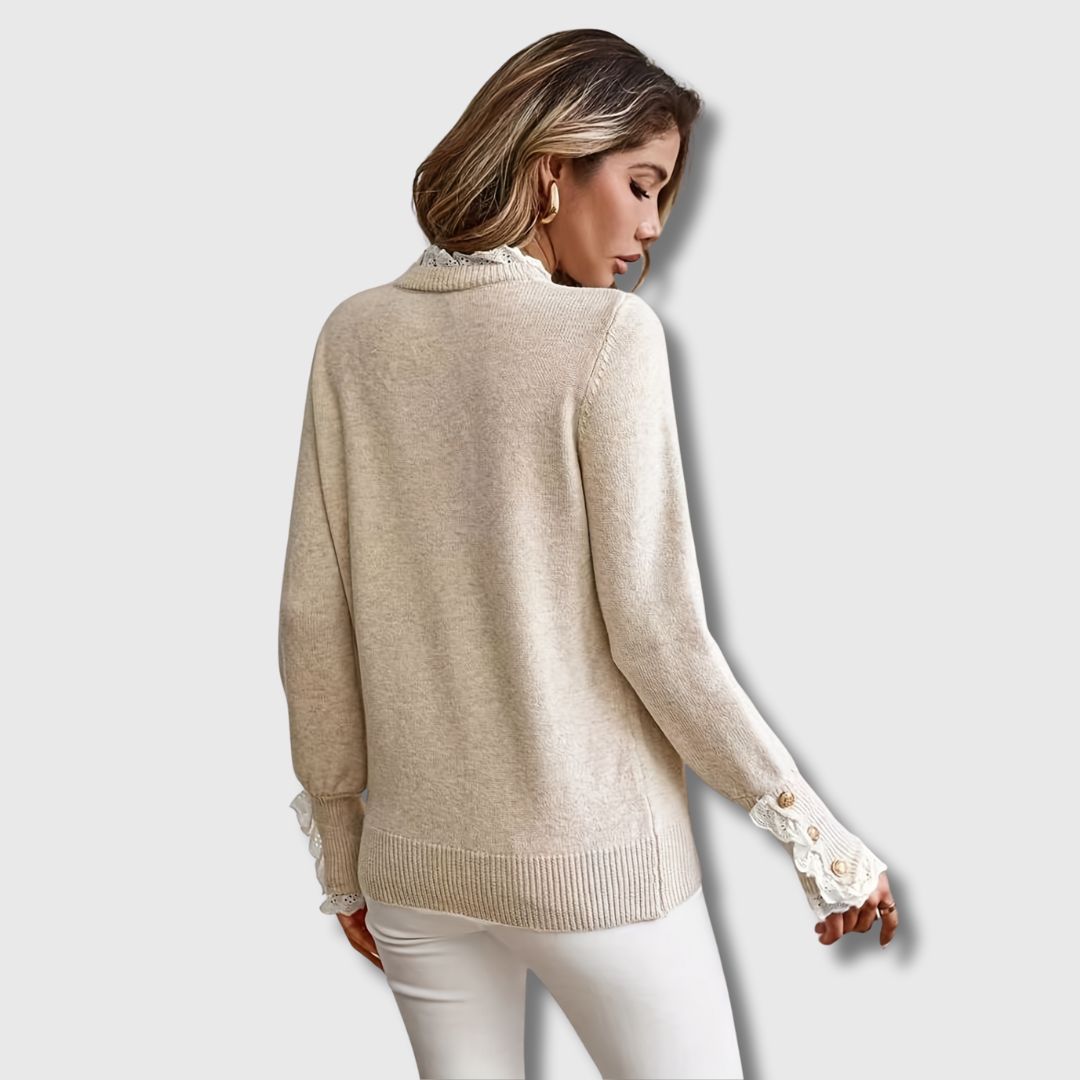 Damen Strickpullover Beige Rundhals mit Rüschenkragen und geknöpften Ärmelbündchen