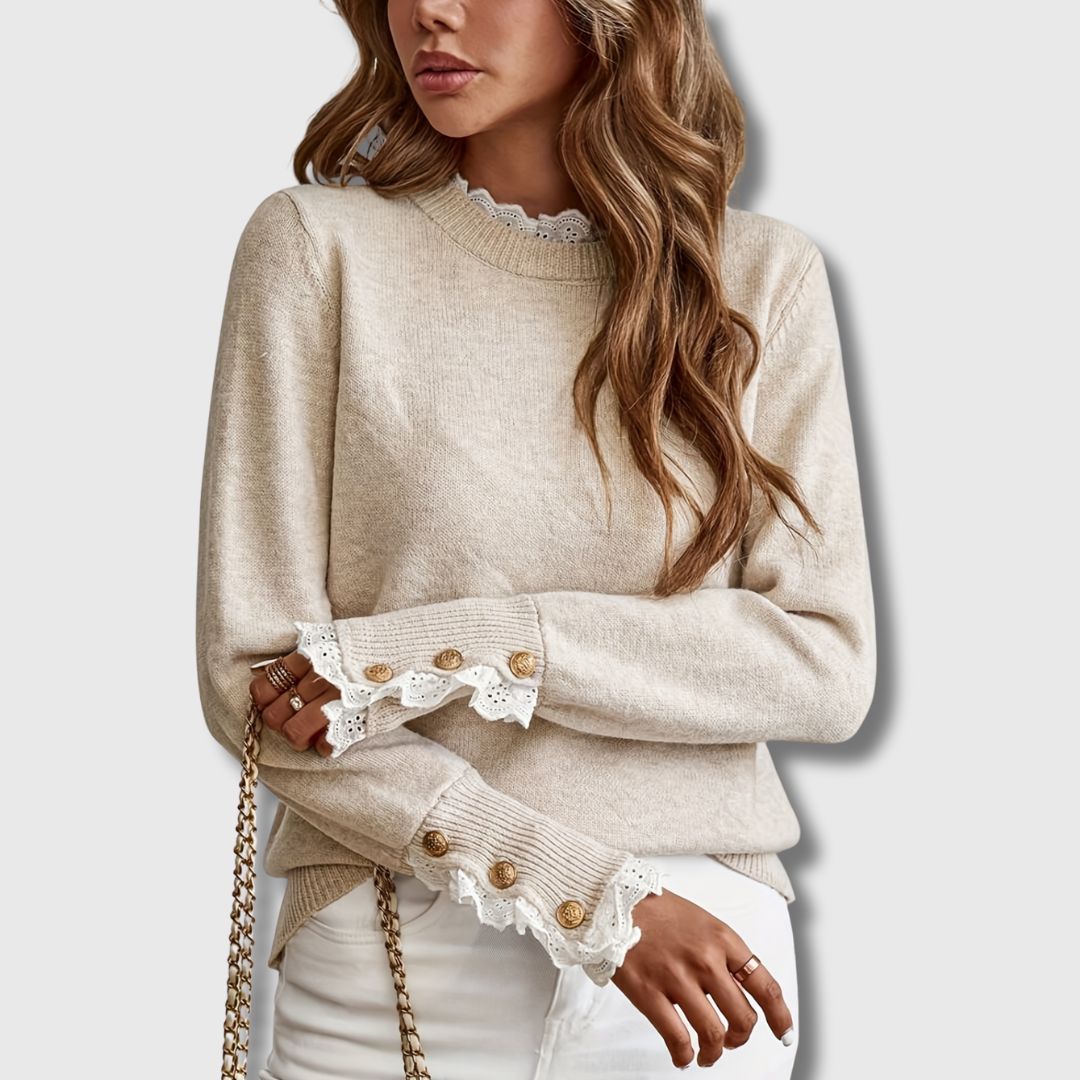 Damen Strickpullover Beige Rundhals mit Rüschenkragen und geknöpften Ärmelbündchen