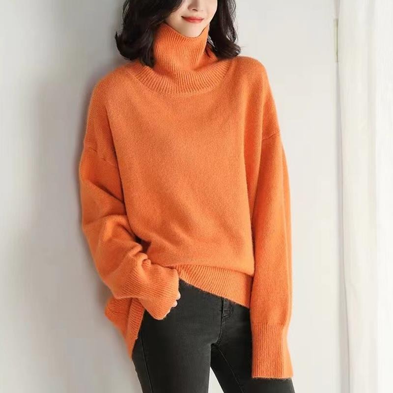 Damen Rollkragenpullover Strickpullover Oversize Pullover mit Rippbündchen