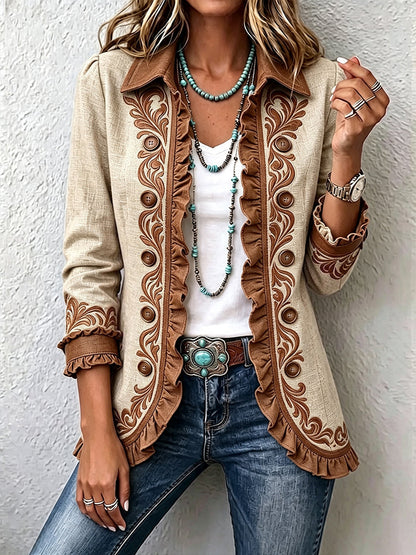 Damen Kurzjacke mit Rüschen und Stickereien – Beige Braun