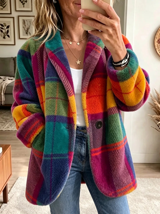 Damen Karo Oversized Jacke Bunter Plaid Mantel mit Reverskragen