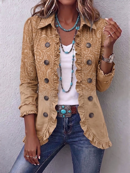Damen Jacke im Boho-Stil mit Rüschen und floralem Muster, Khaki