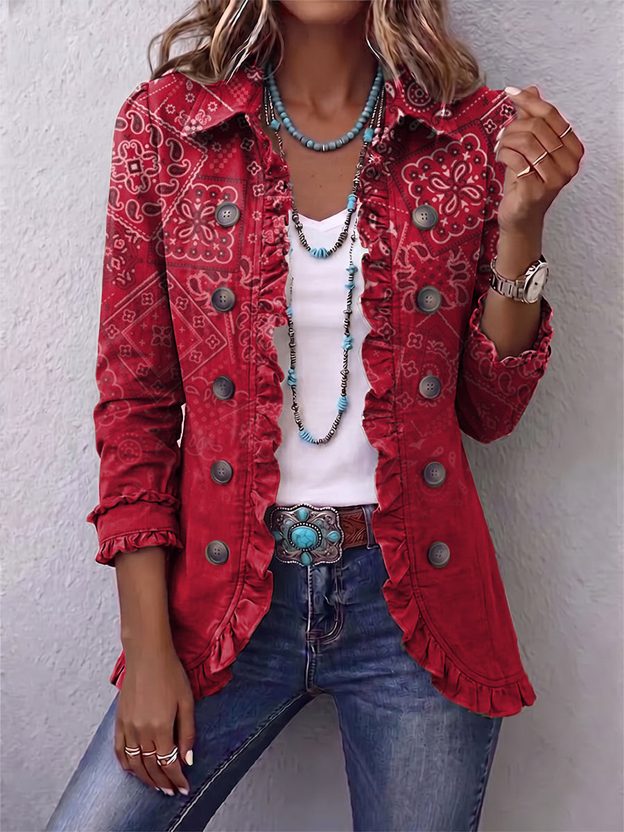 Damen Jacke Rot mit Paisley-Muster und Rüschen