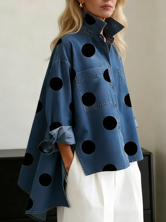 Damen Oversize-Bluse mit Tupfenmuster, Kragen und Knopfleiste