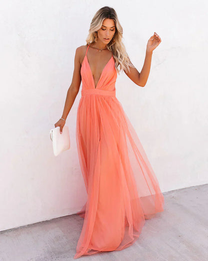 Damen Maxikleid Elegant Sommer Abendkleid mit Spaghettiträgern – Perfekt für Gartenpartys und festliche Anlässe