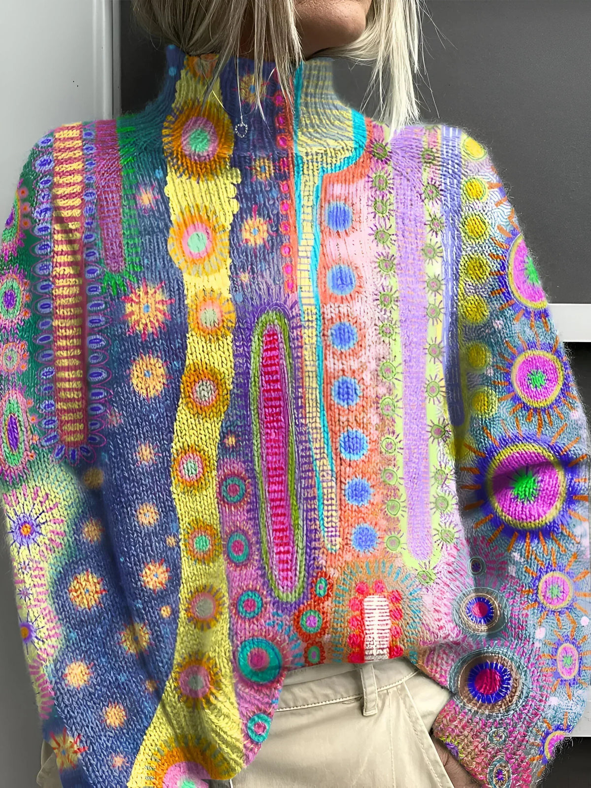 Bunter Strickpullover mit Rollkragen und Mustermix