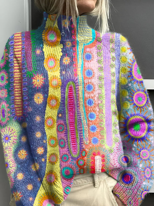 Bunter Strickpullover mit Rollkragen und Mustermix