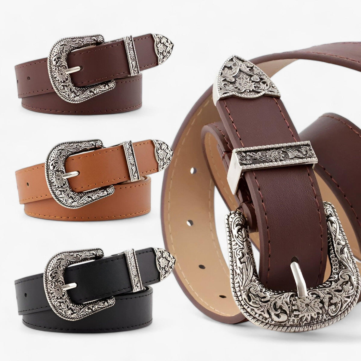 Gürtel mit verzierter Silberschnalle im Western-Stil