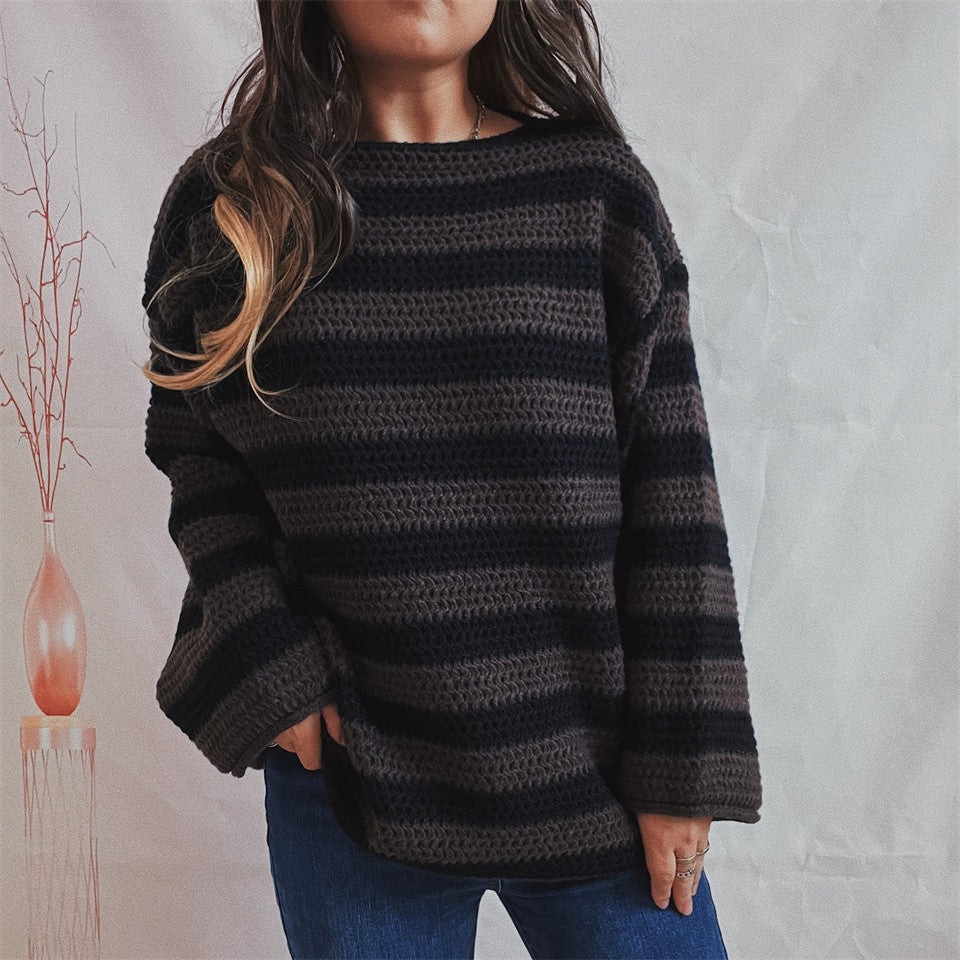 Damen Oversized Pullover Strick Gestreift Lockere Passform Rundhalsausschnitt