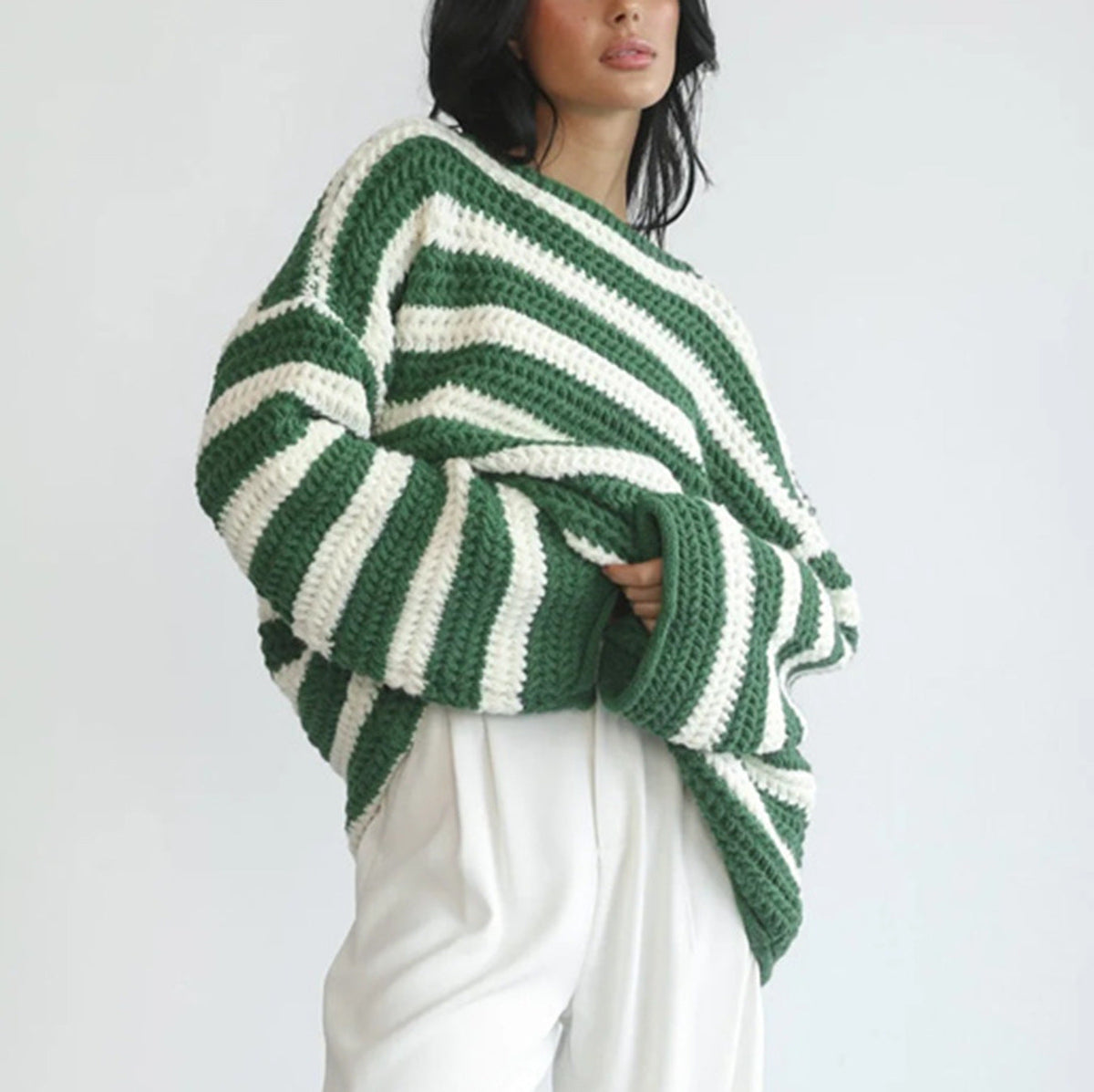 Damen Oversized Pullover Strick Gestreift Lockere Passform Rundhalsausschnitt