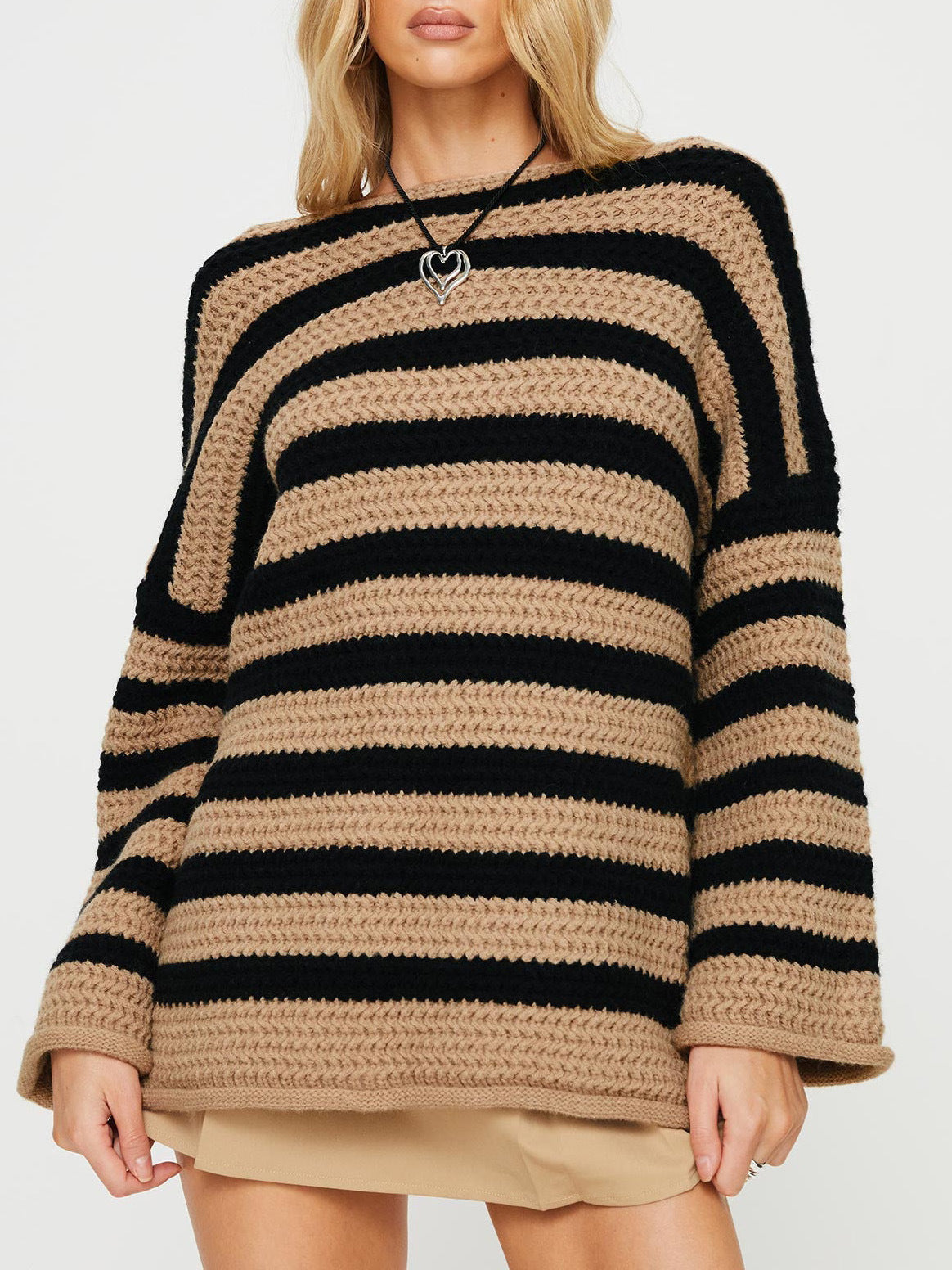 Damen Oversized Pullover Strick Gestreift Lockere Passform Rundhalsausschnitt