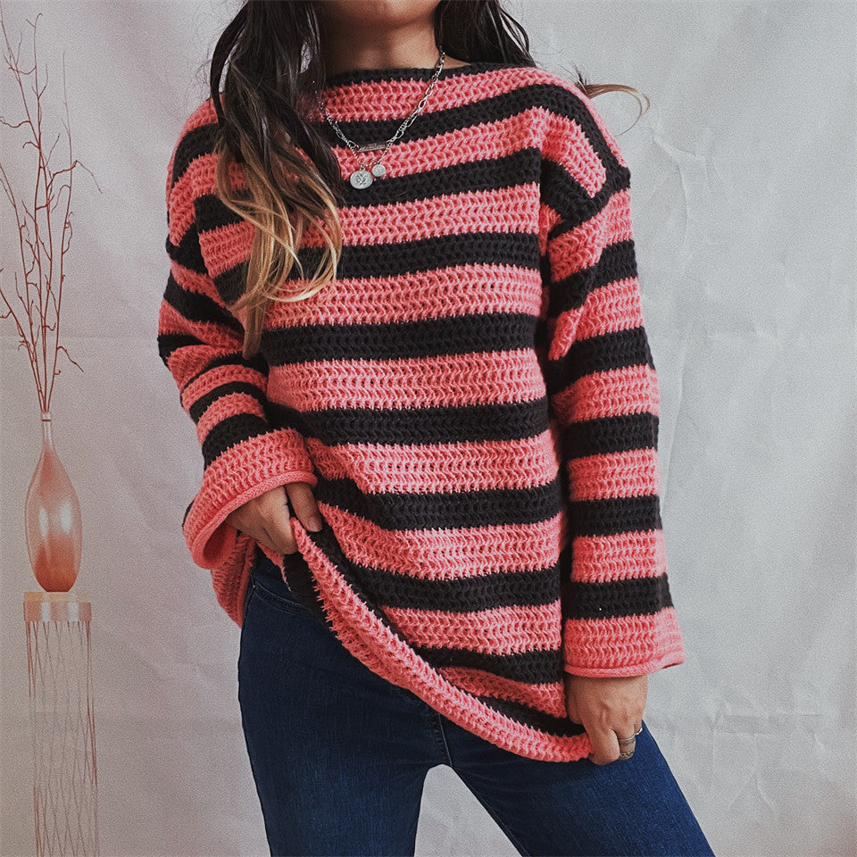Damen Oversized Pullover Strick Gestreift Lockere Passform Rundhalsausschnitt