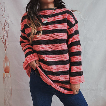 Damen Oversized Pullover Strick Gestreift Lockere Passform Rundhalsausschnitt
