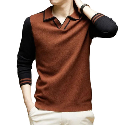 Herren Langarm Poloshirt Strickpullover mit Kragen Zweifarbig