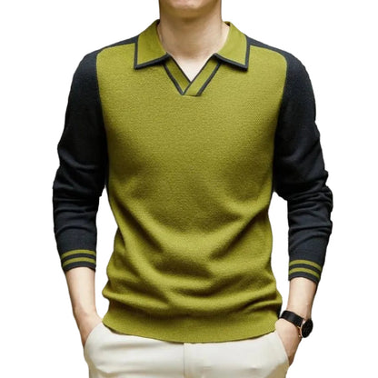 Herren Langarm Poloshirt Strickpullover mit Kragen Zweifarbig
