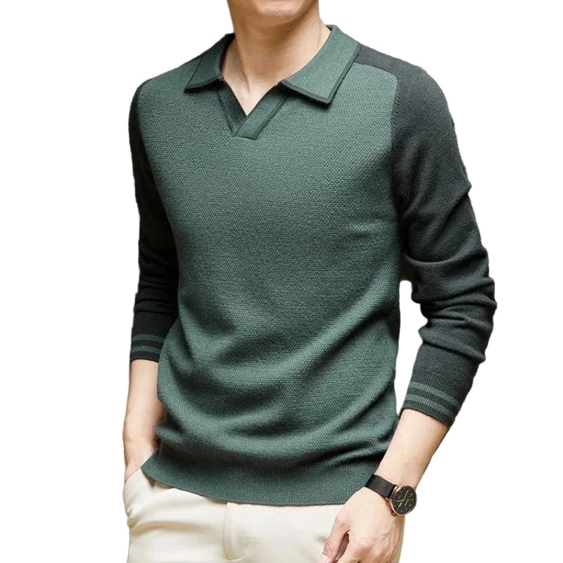 Herren Langarm Poloshirt Strickpullover mit Kragen Zweifarbig