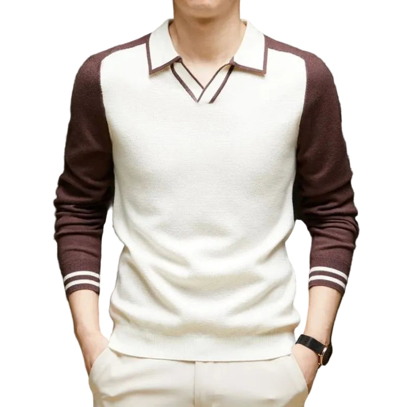 Herren Langarm Poloshirt Strickpullover mit Kragen Zweifarbig