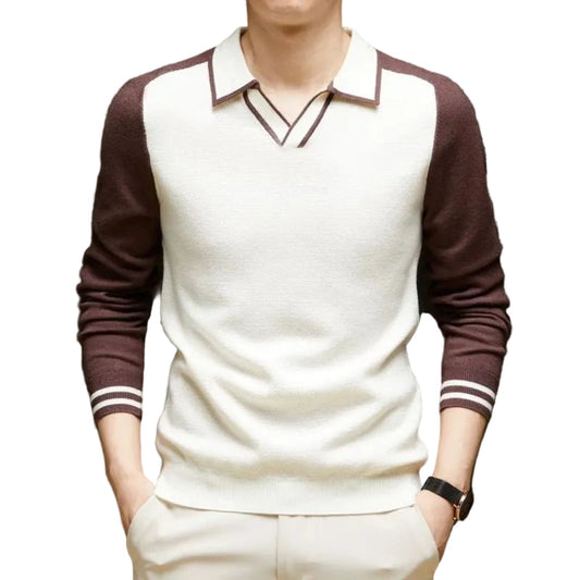 Herren Langarm Poloshirt Strickpullover mit Kragen Zweifarbig