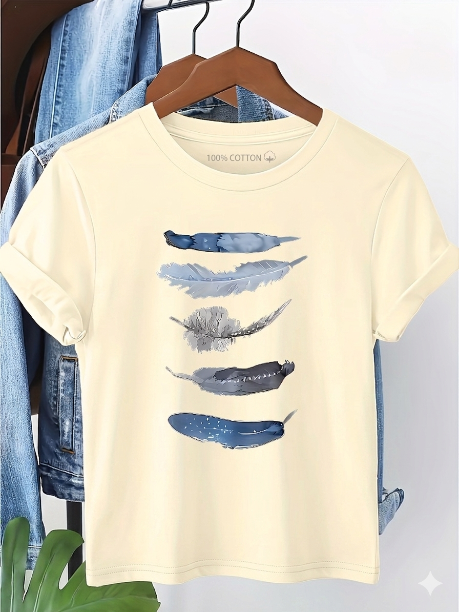 Damen T-Shirt mit künstlerischem Feder-Print, lässig, für Alltag und Freizeit
