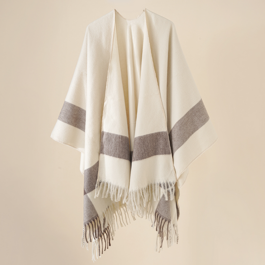 Poncho Damen mit Streifenmuster und Fransen Warmer Wickelschal Umhang
